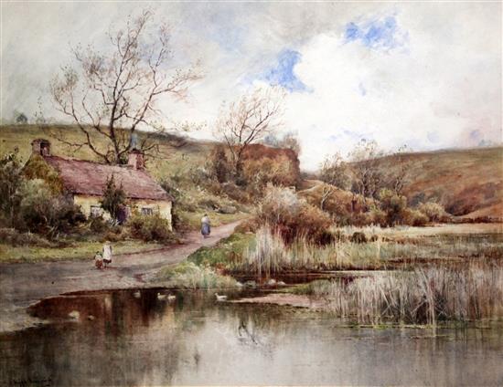 Wiggs Kinnaird (1875-1915) Lakeside cottage with figures on a path, 18 x 24in.
